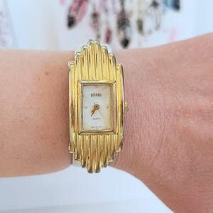 Gitano Ladies Classic Gold Watch Art Deco Style Genuine White Leather Strap Beautiful Geometric Layer Square Dial Wristwatch-Gift-Her/Women