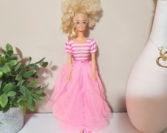 Vintage 1970s Mattel Barbie Puppe Rosa Rock Weiß Rosa Gestreiftes Top Lockiges Haar