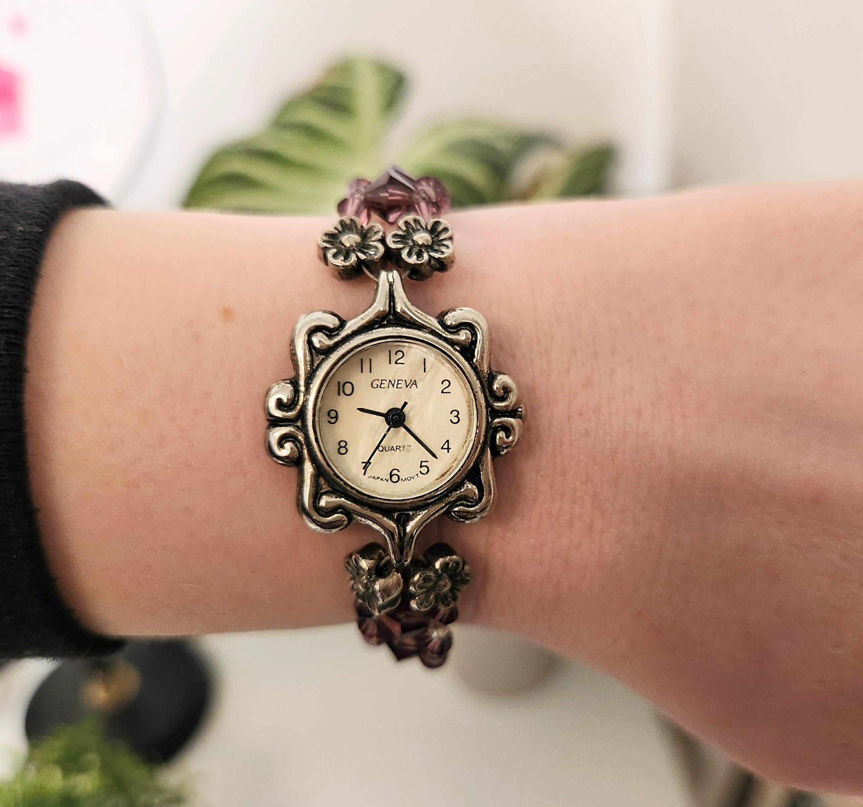 Vintage Geneva Ladies Watch Purple Crystal Diamond Bead Strap