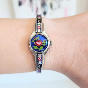 Beautiful Vintage 17 Jewels Swiss Made Floral Wristwatch-SWISSAM Hidden Face Enamel Peek-A-Boo Watch-Ladies Inlaid Flower Bangle-Gift/Women