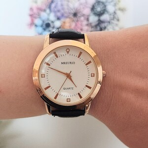 Reloj Mreurio vintage para hombre, de acero inoxidable dorado, clásico, grande, redondo, esfera de cuarzo blanco, ideal para negocios, informal, para caballeros, traje y corbata, ideal como regalo.