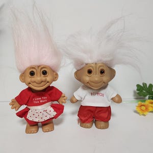 Vintage 1980s Troll Dolls Pink Hair Set of 2 - &quot;I Love You This Much&quot; Russ Girl Troll Doll Rare Retro Collectible Kids Toy-Gift for Her/Girl