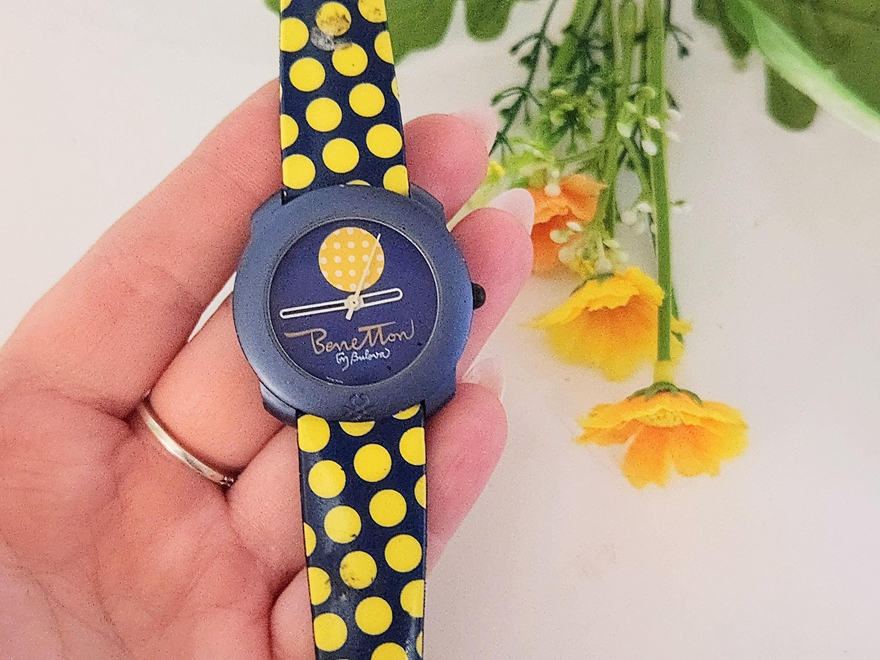 Benetton by Bulova Designer Uhr Blau Gelb Polka Dot-Vintage