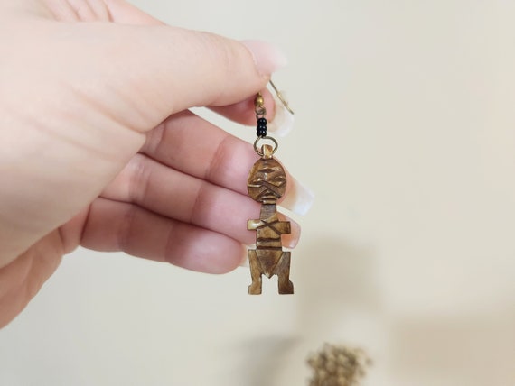 African Folk Art Earrings, Carved Wood Figure Ear… - image 2