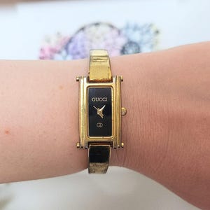 Vintage Designer Gucci Watch Gold-Plated Rectangular Dial-High-End Ladies/Women's Fashion Accessory-Rare Luxury Bracelet Wristwatch-Gift/Her