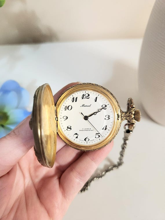 Vintage MARCEL 17 Jewels Pocket Watch Men s women s unisex Dual sided Mechanical Watch Lake Fishing floral Design Gift for Him her Etsy