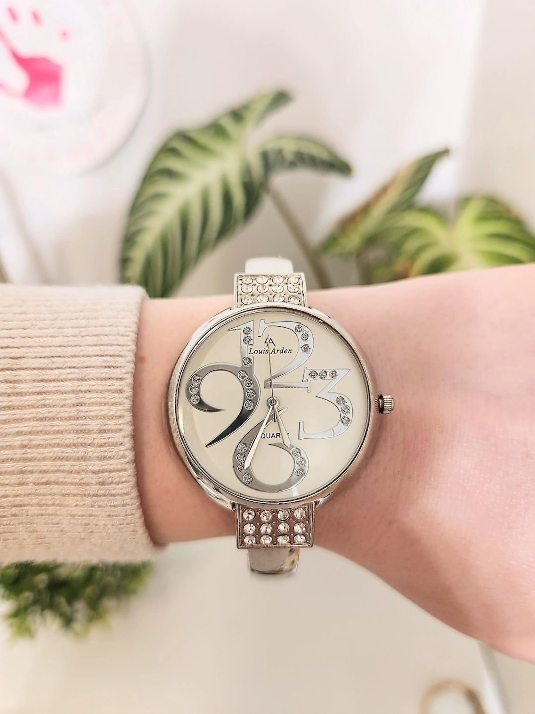 Louis Arden Silver Crystal Cuff Watch Diamond Rhinestones-easy