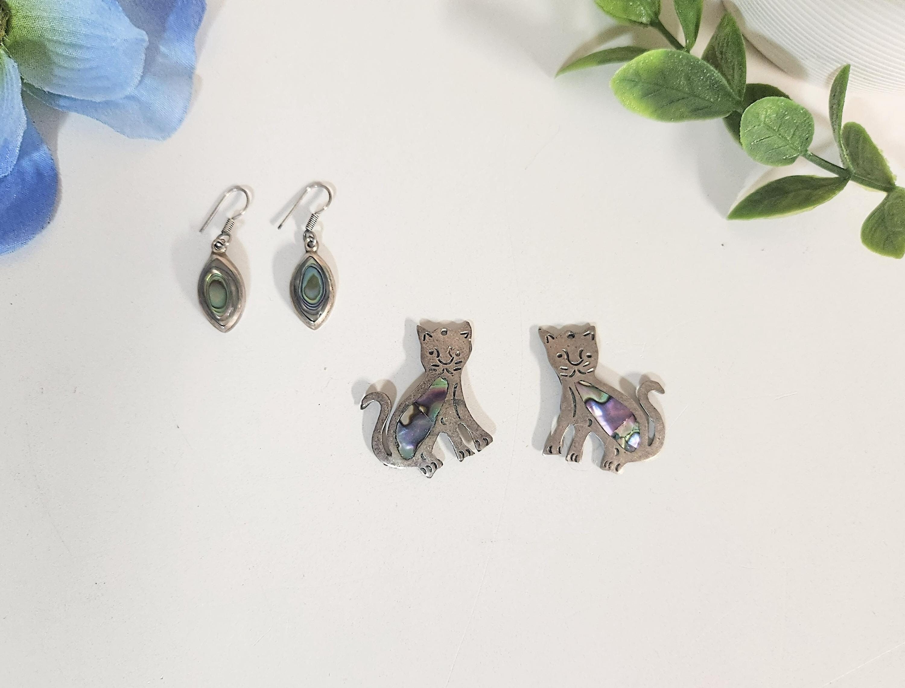贈る結婚祝い Mexico 925 Silver Abalone Shell Earrings Kitty Cat & Oval アクセサリー