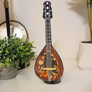 Vintage Floral Mandolin Music Box Isle of Capri 10&quot;- WORKS -Hand-Painted Flower Revolving Wind-Up Guitar/Ukulele-Retro/Antique Musician Gift