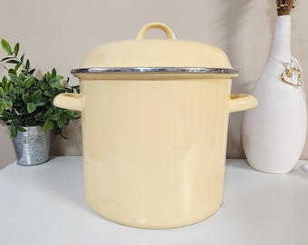 Vintage Yellow Enamelware Large Soup Pot / Stockpot with Side Handles - Enamel Cookware