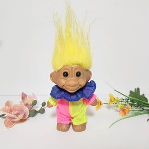 Vintage Clown Troll Yellow Hair-Birthday Party Outfit-1990s Retro Circus Troll Doll-Collectible Kids Toy-Christmas Gift for Him/Her-Boy/Girl