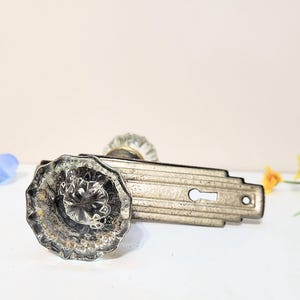 Antique Crystal Glass Doorknob Set Metal Brass Key Hole Backplates-Vintage Door Knob Keyhole Lockset Hardware-Victorian Shabby Chic Salvage