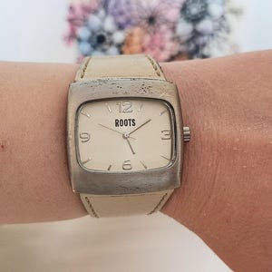 Vintage Roots White Leather Watch Large Square Dial