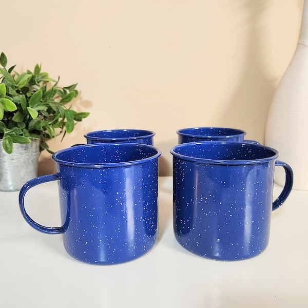 Set of 4 Blue Speckled Enamel Mugs - Enamelware Mug / Cup Set Camping Cabin Kitchenware Cookware Dinnerware