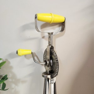 Vintage Hand Mixer Egg Beater Yellow Handle Stainless Steel Blue Whirl image 3