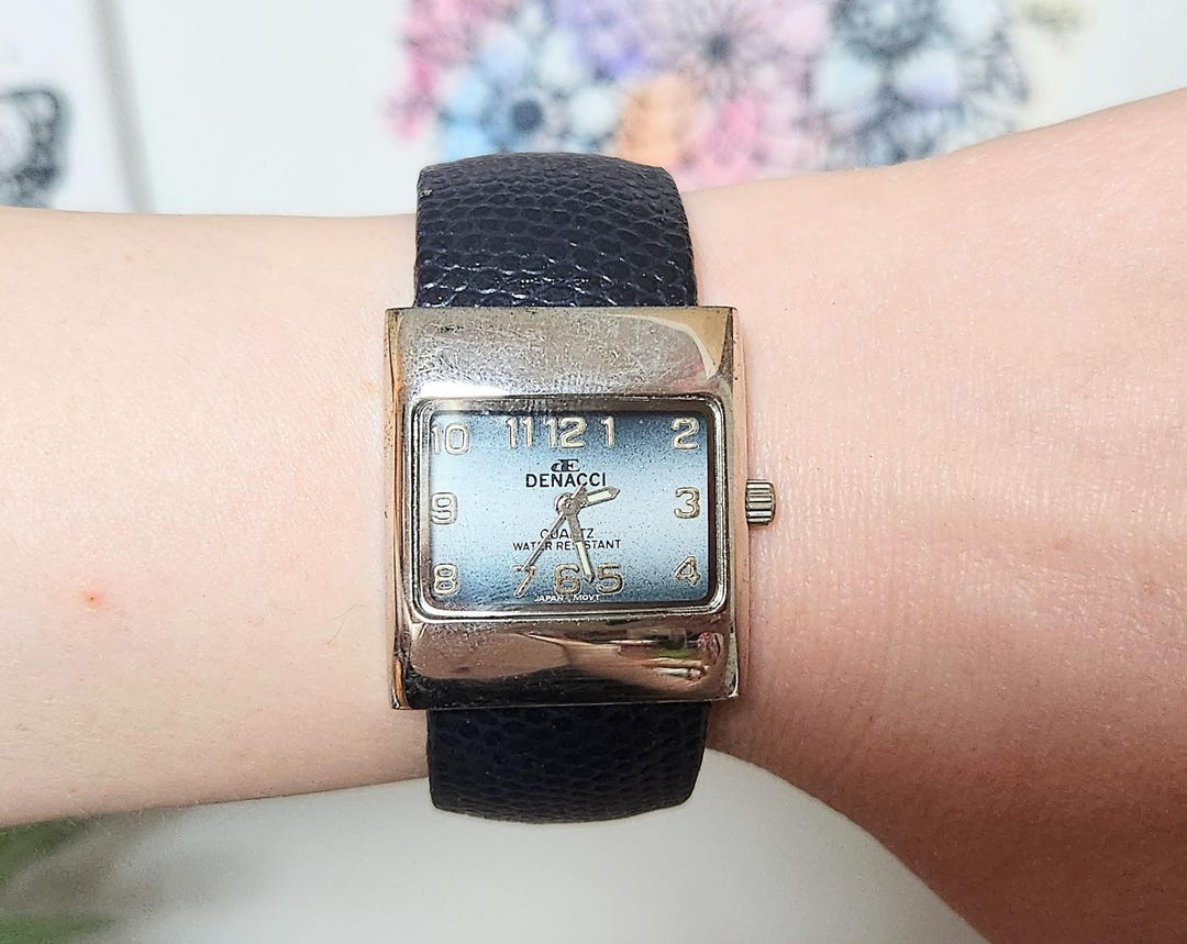 Vintage Denacci Quartz Cuff Watch Blue Square Dial Silver Bezel