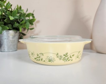 Vintage Pyrex Shenandoah Casserole Baking Dish #471-B w/ glass lid - MINT CONDITION - Wintergreen Green Flowers