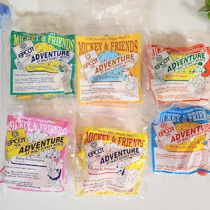 Vintage Mickey & Friends Epcot Center Adventure 1993 Set of 6 McDonalds Happy Meal Toys Collectible Disney Mickey/Minnie Mouse, Pluto, Goofy