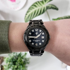 Vintage Men&#39;s Day/Date Wristwatch Black Dial Stainless Steel Strap