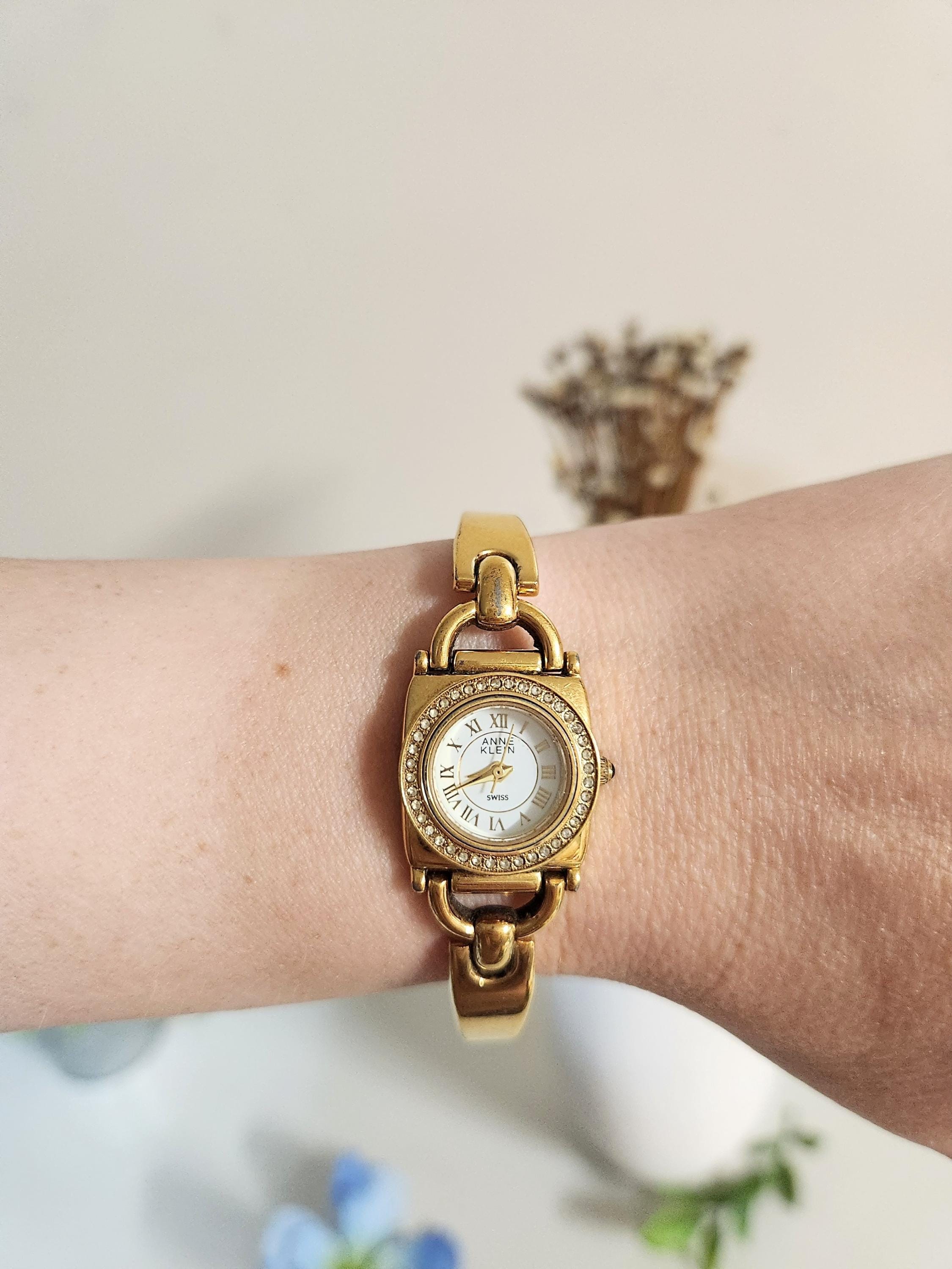 Exquisite Vintage Anne Klein Gold Tone Swiss Made Wristwatch Diamante Round Face W Roman Numerals Crystal Rhinestones Elegant Classy Watch