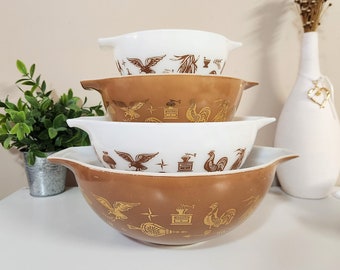 Vintage Pyrex Early American Full Cinderella Mixing Bowl Set of 4, 441/442/443/444 - Nesting Bowls