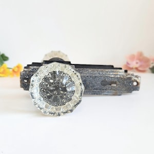 Pomolo per porta antico in cristallo trasparente/ottone con placche frontali - Set di pomelli/maniglie vittoriani vintage a 12 punte - Ferramenta per porte sfaccettata architettonica anni '20