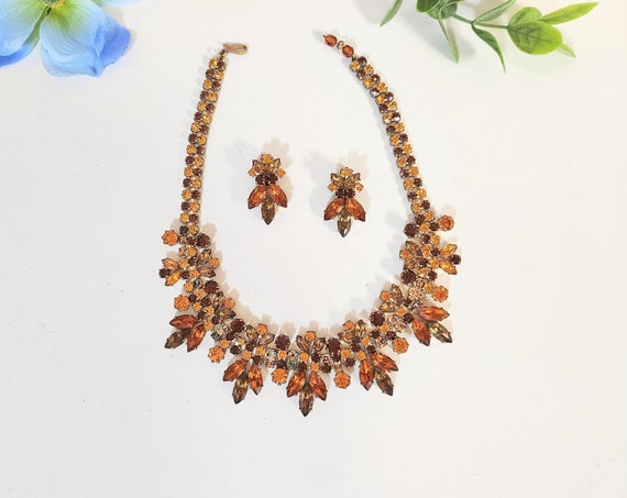 Vintage Austria Amber Color Rhinestone Necklace Clip-on Earrings