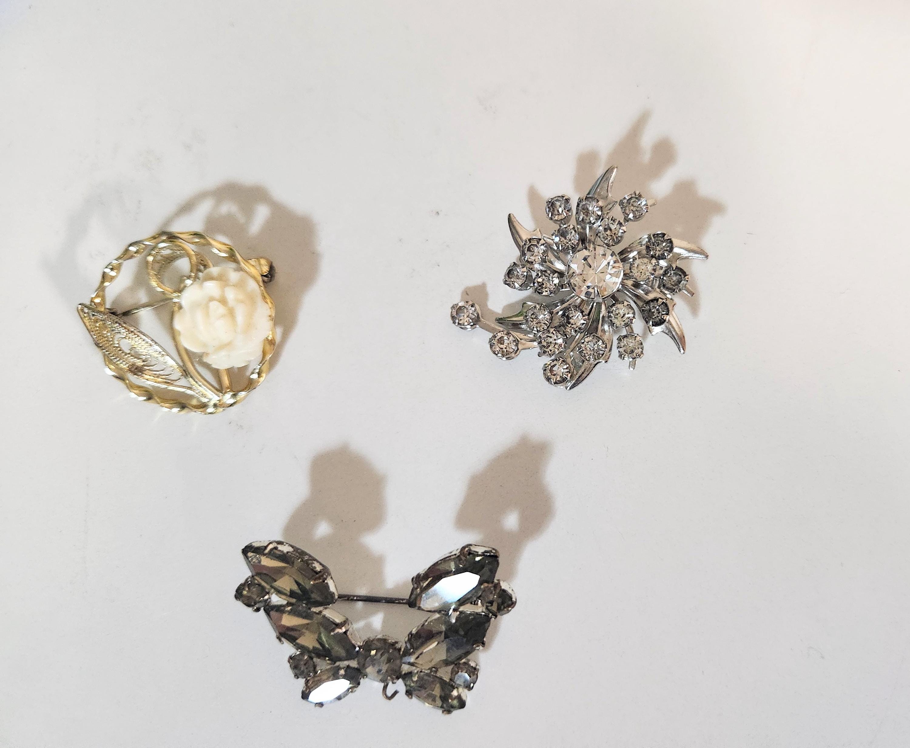 Vintage Brooch Lot/set- Silver-tone W/ Clear Diamante