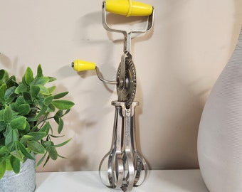 Vintage Hand Mixer Egg Beater Yellow Handle Stainless Steel Blue Whirl