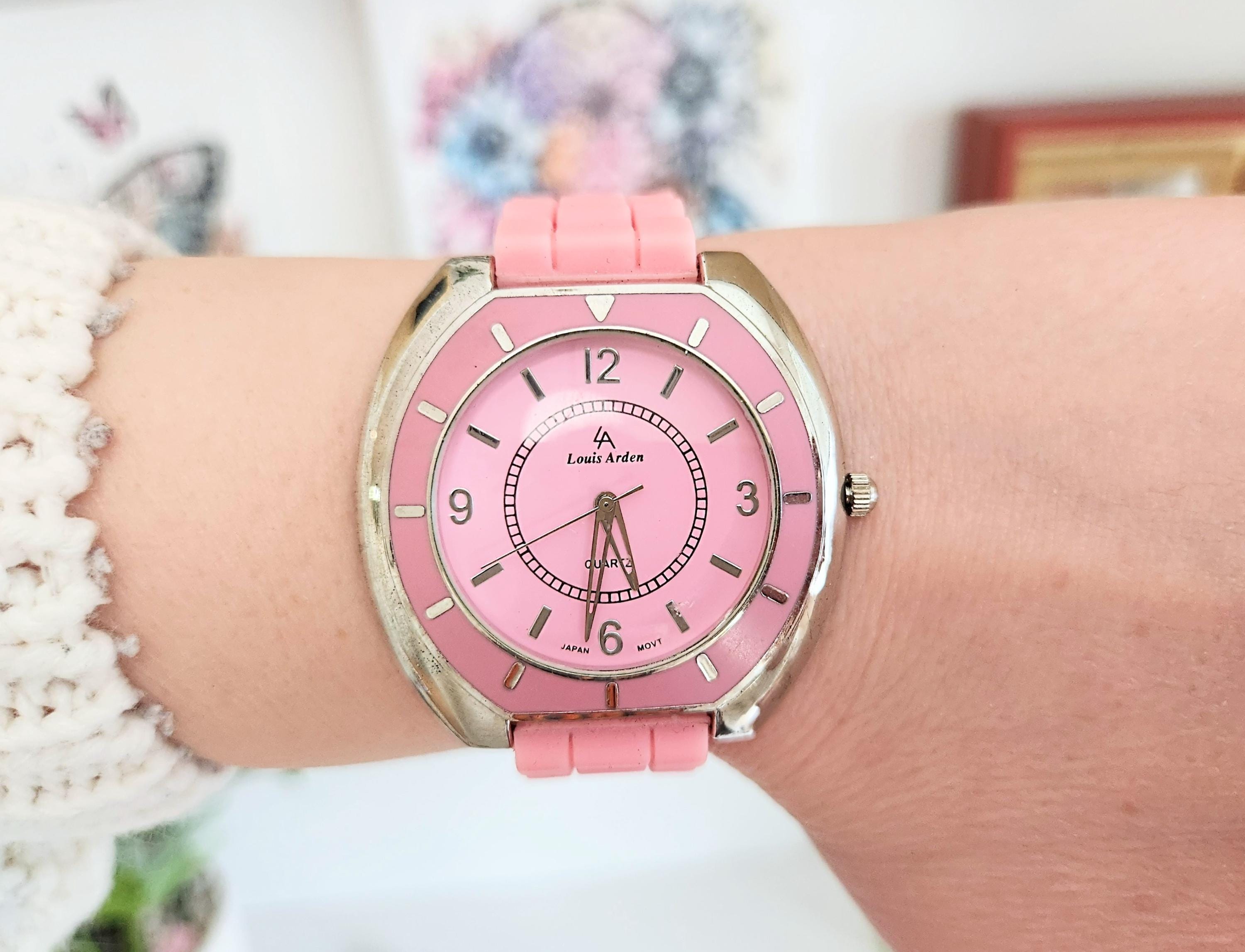 Beautiful Pink Louis Arden Watch Large Round Dial Silver Bezel