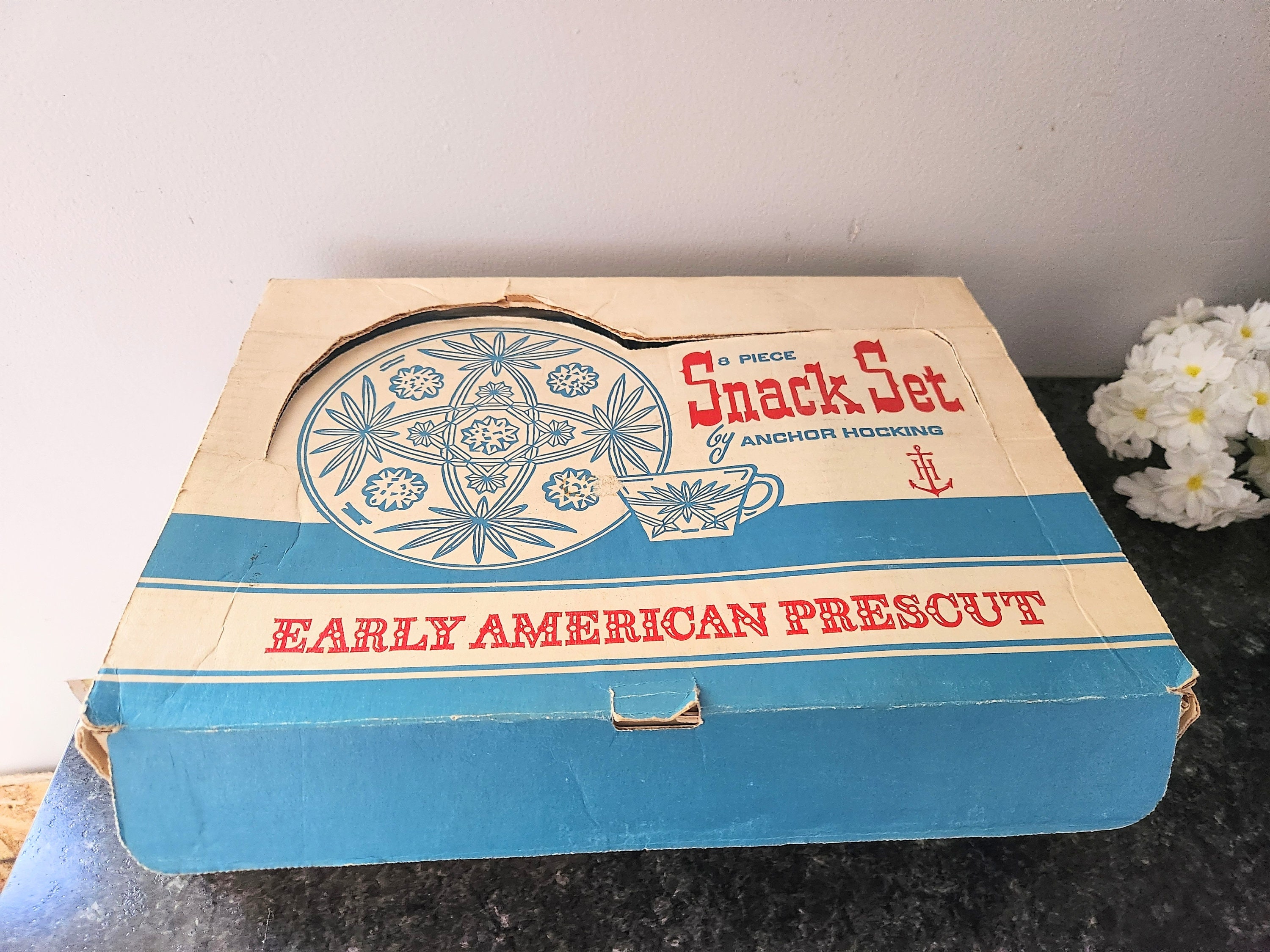 Vintage Anchor Hocking Early American Prescut 8 Piece Snack Set 