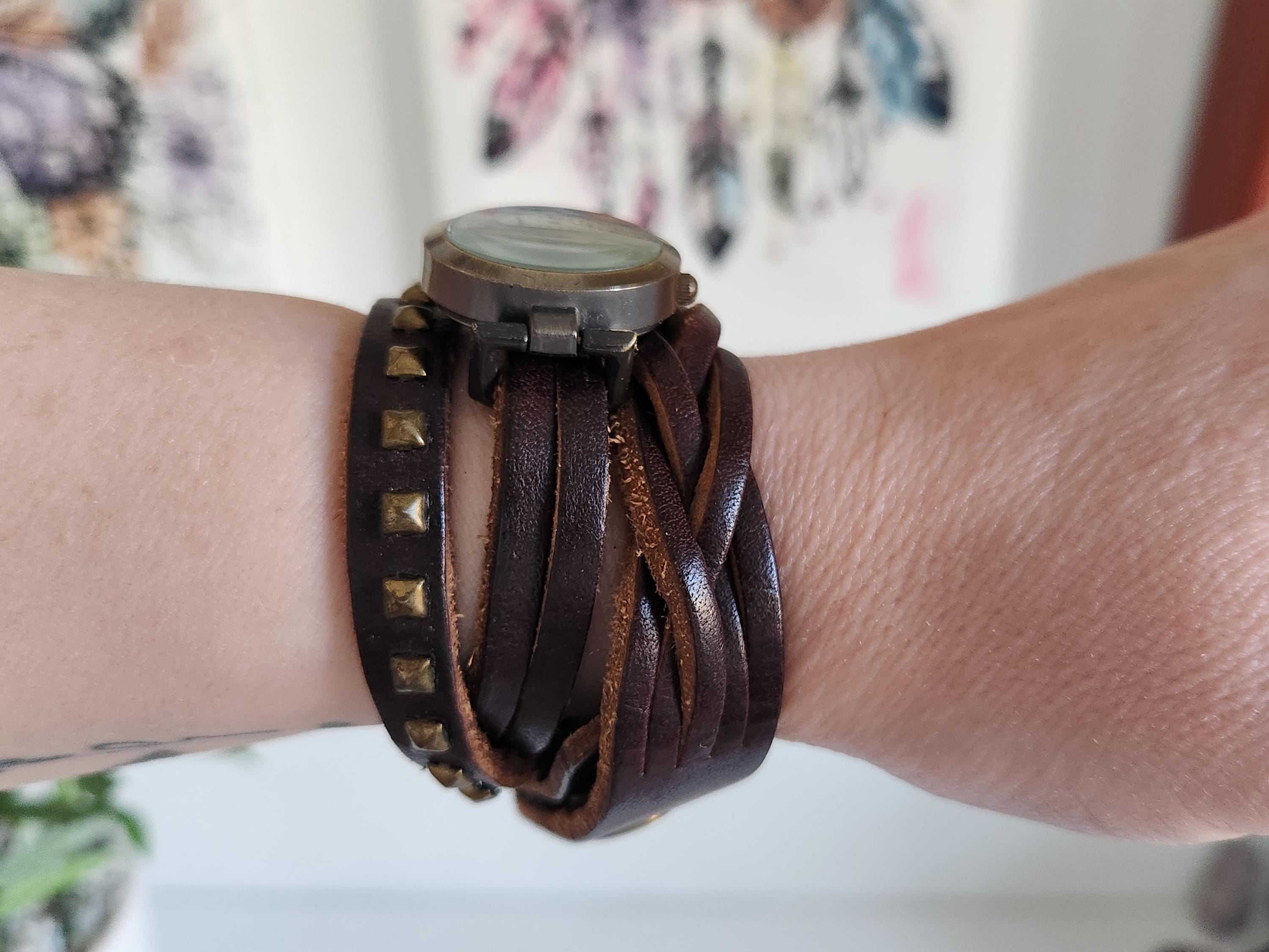 Triple wrap brown leather, silver studded and silver rhinestone watch Women main image 2
