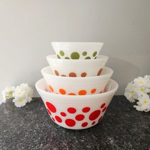 Federal Glass Polka Dot Mixing Bowls - 1950s Federal Dots Red Orange Green & Brown Dot Nested Mixing Bowl Set of 4