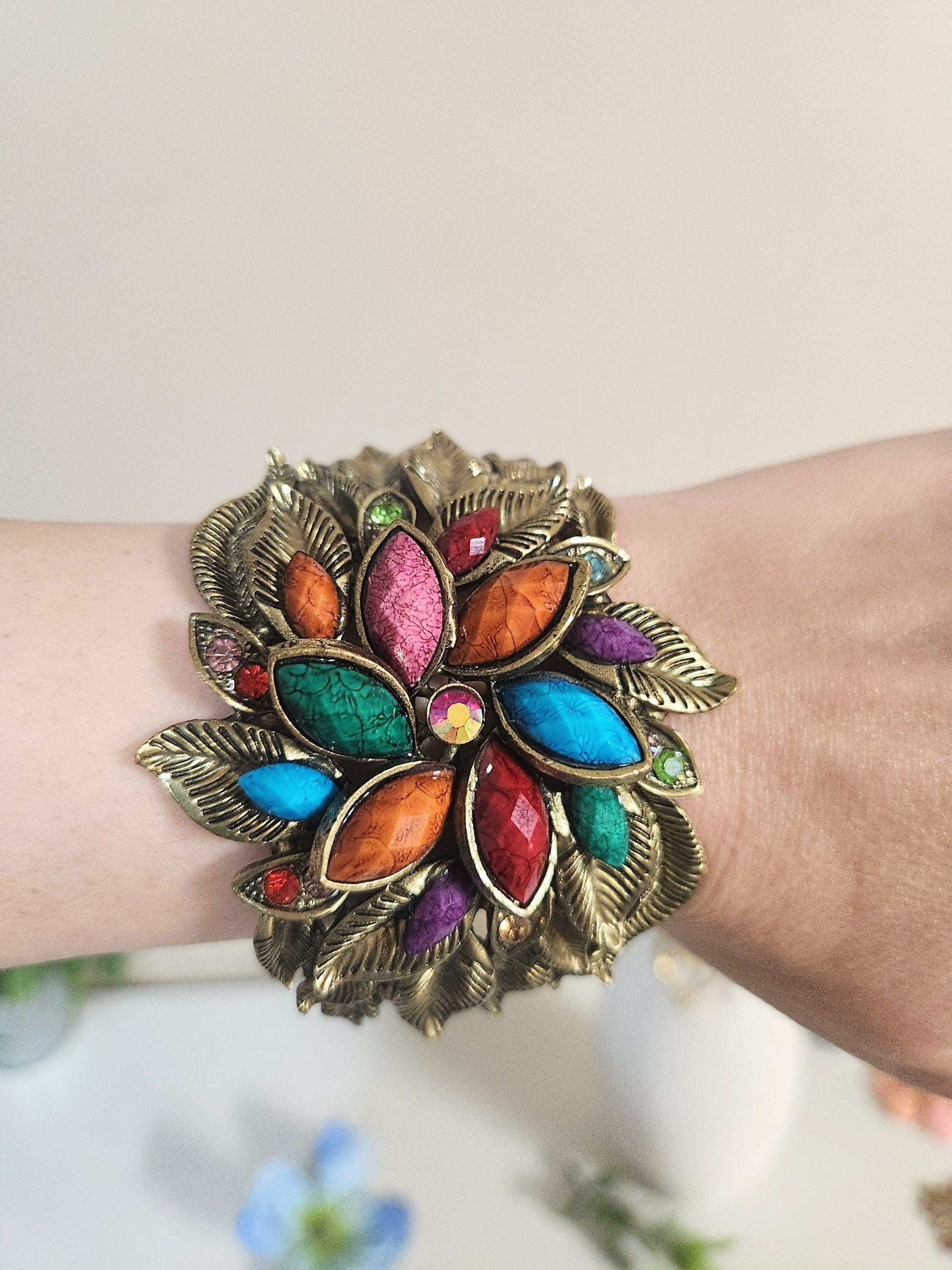 ブレスレット Blue Floral Stone Cuff Bracelet Blue Quartz Silver Floral Bangle Cuff Bracelet, 925 Sterling
