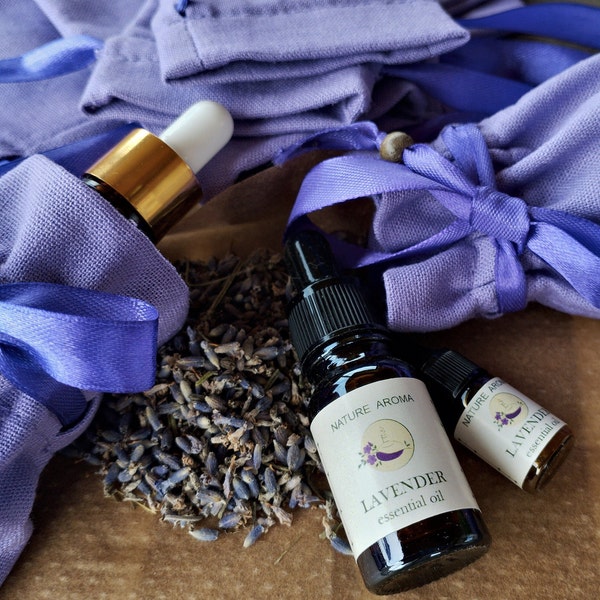LAVENDER Flower AROMA-sachet & LAVENDER Essential Oil Set, Organic Natural Essential Oil for Soap, Candles, Body Butter, Skin and Hair 