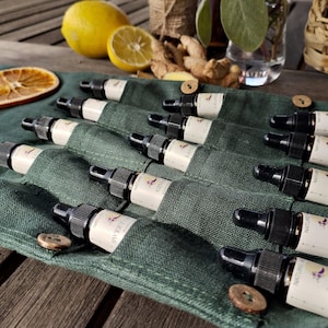 Puede incluir: Un rollo de lona verde con 12 pequeños frascos de vidrio que contienen aceites esenciales. Los frascos están etiquetados con los nombres de los aceites, incluyendo "Lavanda", "Menta", "Vainilla" y "Cítricos".