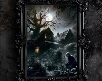 Moonlit House Horror Art Print: Dark Fantasy Decor