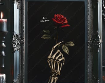 May include: A framed print featuring a red rose held by a skeletal hand against a black background. The ornate silver frame complements the gothic theme. Text at the top reads "Run Little Mouse". Candles and rose petals add to the dark aesthetic.