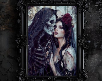 Grim Reaper and Woman Dark Romance Art Print, Dark Academia, Gothic Decor