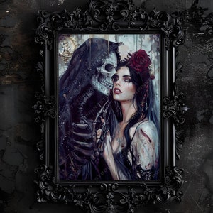 Grim Reaper and Woman Dark Romance Art Print, Dark Academia, Gothic Decor