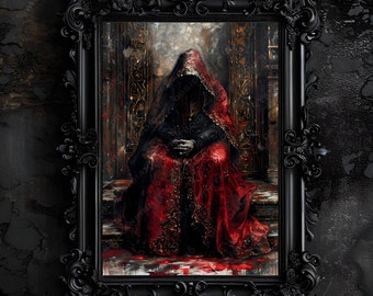 Gothic Undead Hooded Figure in Red Art Print, Occult Decor