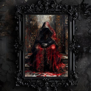 Gothic Undead Hooded Figure in Red Art Print, Occult Decor
