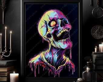 Neon Zombie Skeleton Giclée Art Print: Creepy Horror Decor