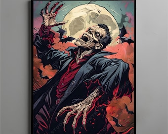May include: A digital illustration of a vampire with a red shirt and a black coat. The vampire has a pale face with sharp teeth and is reaching out with a clawed hand. The background is a dark red with a full moon and bats.