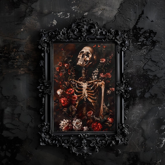 Gothic Floral Design Skeleton Portrait Art Print, Dark Academia Home Decor
