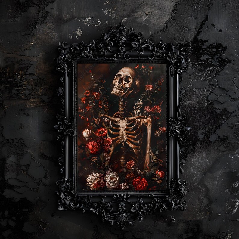 May include: A black framed painting of a human skeleton surrounded by red, white, and pink flowers. The skeleton is wearing a crown of thorns and has a sorrowful expression.