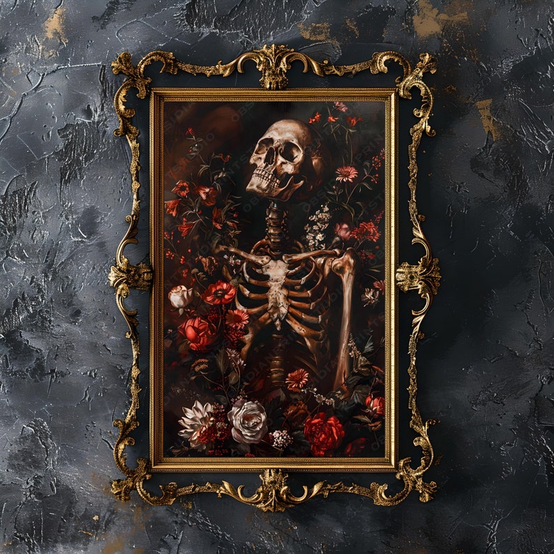 May include: A framed painting of a human skeleton with a skull, surrounded by red, white, and pink flowers. The painting is in a gold ornate frame.