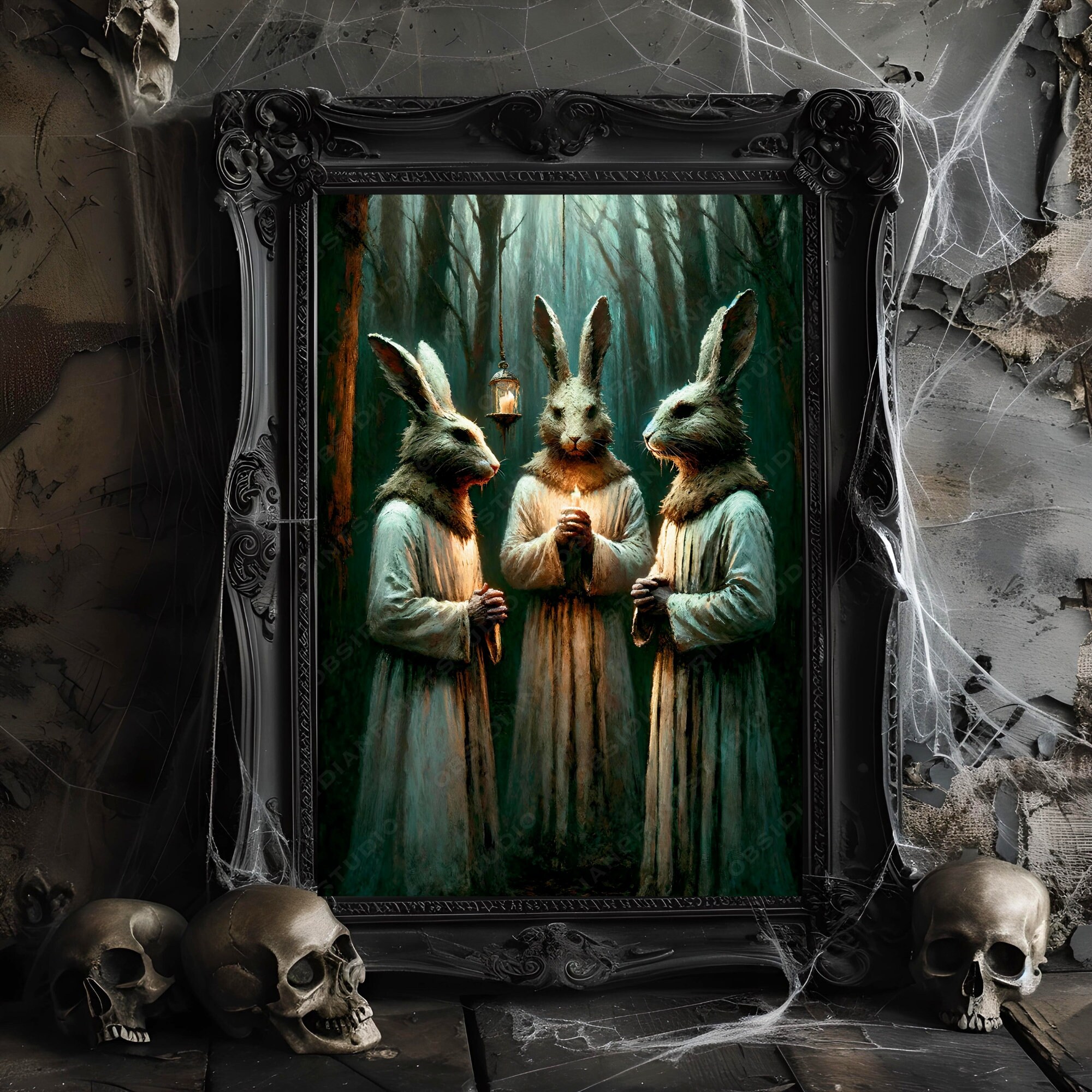 Vintage Occult Art Print, Rabbit Head Trio Artwork, Occult Cloaked ...