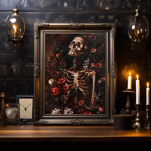 May include: A framed artwork featuring a human skeleton surrounded by red, white, and pink flowers. The skeleton is positioned in a standing pose with its head tilted to the side. The artwork is set against a dark background.