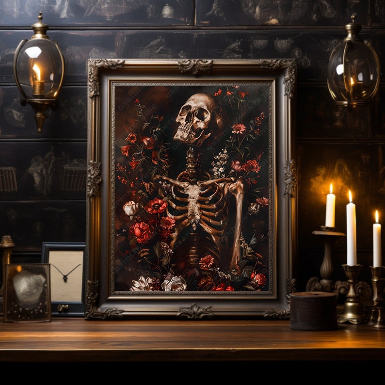 May include: A framed artwork featuring a human skeleton surrounded by red, white, and pink flowers. The skeleton is positioned in a standing pose with its head tilted to the side. The artwork is set against a dark background.